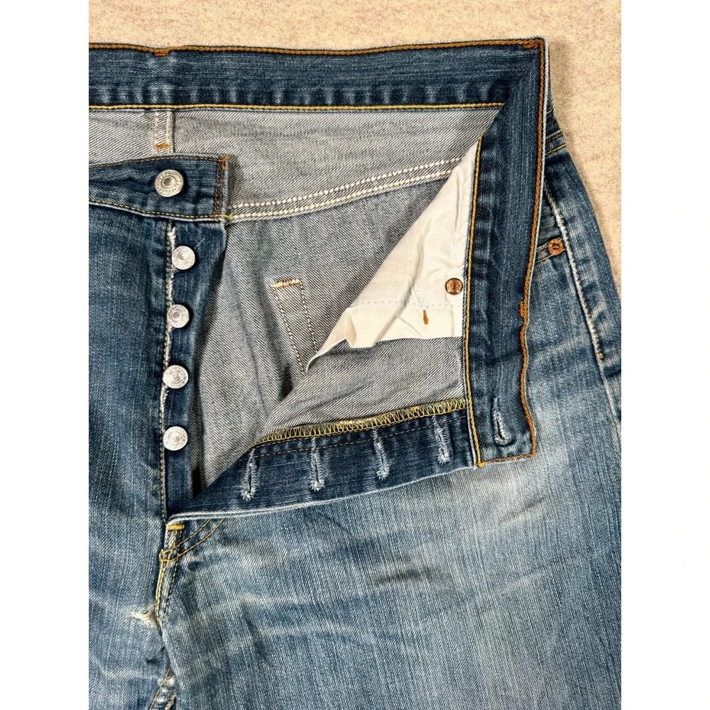 Levis 501 Jeans Mens 36x34 Blue Distressed Denim Cotton Button Fly Straight Leg